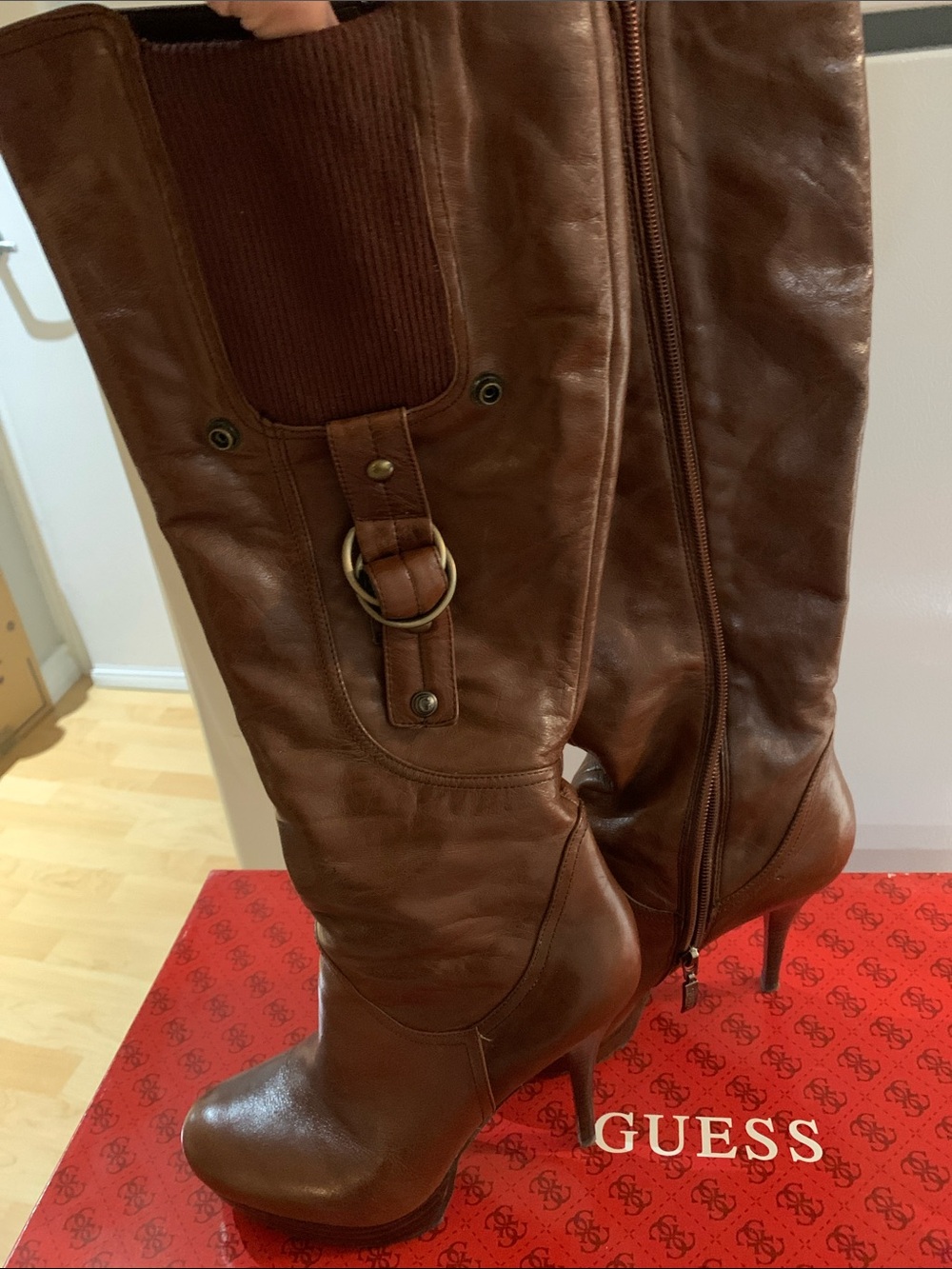 GUESS Brown Tall Leather Stiletto Boots with Ring Detail